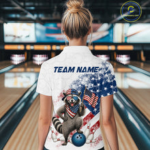 Load image into Gallery viewer, Women’s us flag raccoon bowling quarter zip shirt, back view on female model in bowling lane 