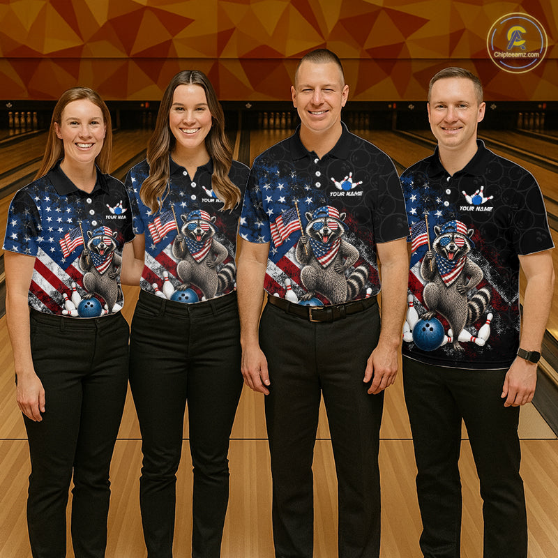 Group of bowlers in us flag raccoon team shirts, personalized bowling uniforms front view.