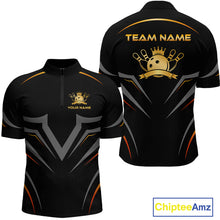 Load image into Gallery viewer, Black sports jersey with gold and orange accents, featuring a logo and text on a white background.