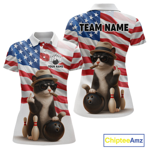 Custom US Flag Funny Cat Bowling Jersey for Women Bowling Uniform Bowling Team Shirts HNT127
