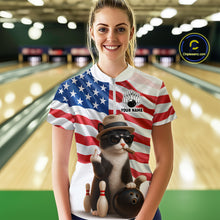 Load image into Gallery viewer, Custom US Flag Funny Cat Bowling Jersey for Women Bowling Uniform Bowling Team Shirts HNT127