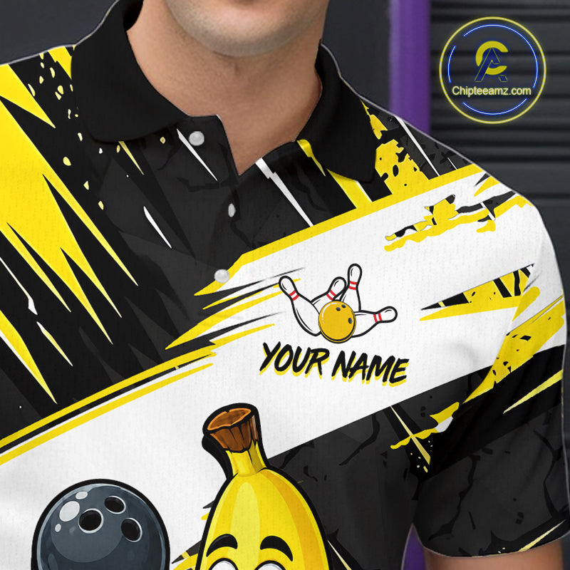 Man wearing a black, yellow, and white bowling-themed shirt with graphics and text.