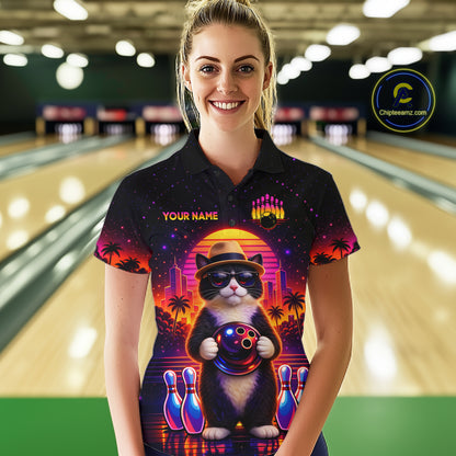 Custom Funny Neon Cat Bowling Jersey for Women Bowling Tournament Polo & 1/4 Zip Bowling Team Shirts HNT210