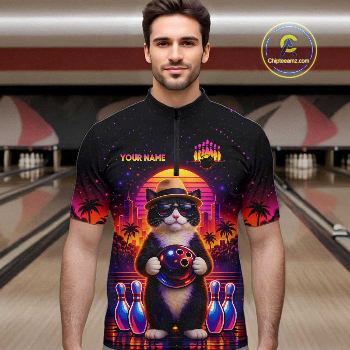 Custom Funny Neon Cat Bowling Jersey for Men Bowling Tournament Polo & 1/4 Zip Bowling Team Shirts HNT210