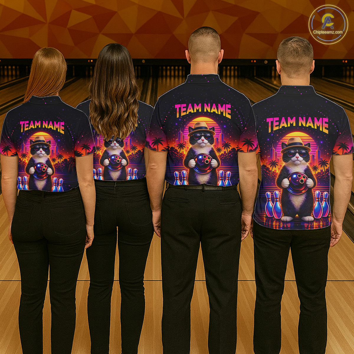 Custom Funny Neon Cat Bowling Jersey for Women Bowling Tournament Polo & 1/4 Zip Bowling Team Shirts HNT210