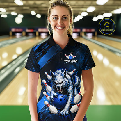 Wolf Bowling Shirts for Women Custom Blue Wolf Bowling Team Jersey Bowling League HNT284