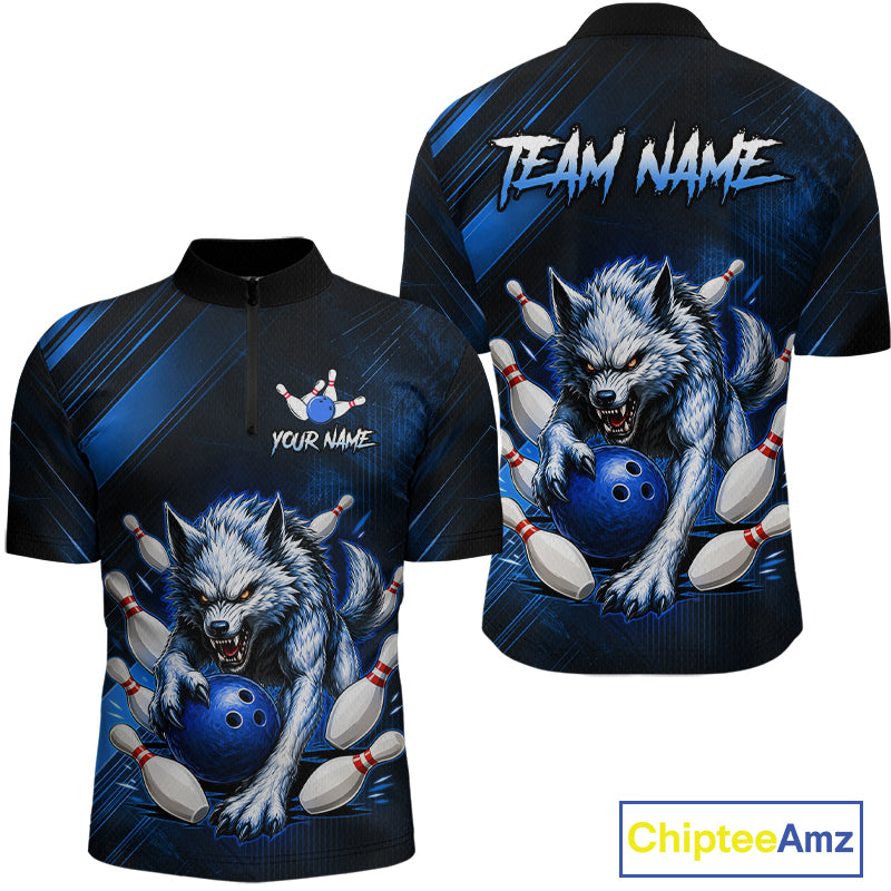 Wolf Bowling Shirts for Men Custom Blue Wolf Bowling Team Jersey Bowling League HNT284