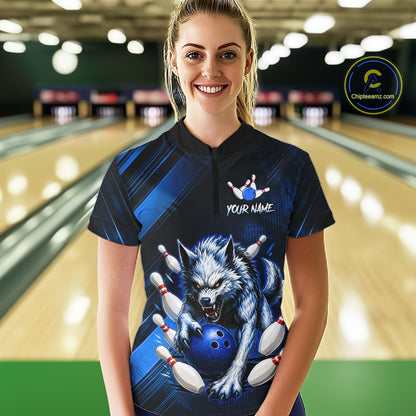 Wolf Bowling Shirts for Women Custom Blue Wolf Bowling Team Jersey Bowling League HNT284