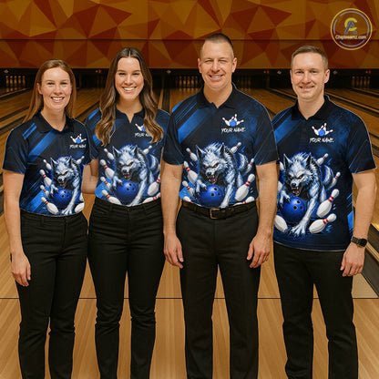 Wolf Bowling Shirts for Men Custom Blue Wolf Bowling Team Jersey Bowling League HNT284