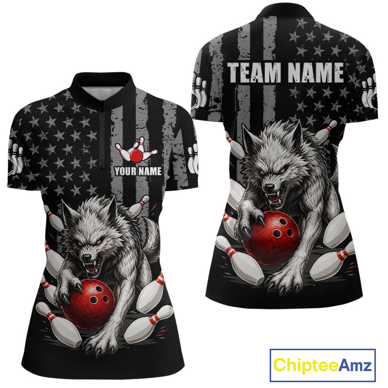 US Flag Wolf Bowling Shirts for Women Custom Wolf Bowling Team Jersey Bowling League HNT285