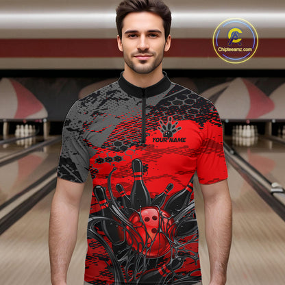 Man wearing a red and black bowling-themed shirt in a bowling alley.