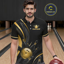 Load image into Gallery viewer, Man wearing a black and gold bowling-themed shirt with a personalized name on a bowling alley background.