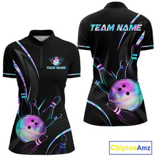 Load image into Gallery viewer, Black bowling team shirt with colorful designs and customizable text on a white background