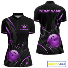 Load image into Gallery viewer, Black and purple bowling jersey with 'Team Name' and 'Your Name' text on a white background.