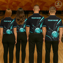 Load image into Gallery viewer, Four people wearing black bowling shirts with blue graphics and 'Team Name' text on a bowling alley background.