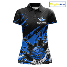 Load image into Gallery viewer, Custom Blue Bowling Jerseys For Women, Personalized Bowling Team Shirts Bowling Pin And Ball HNT283