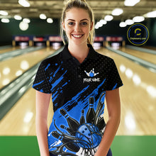 Load image into Gallery viewer, Custom Blue Bowling Jerseys For Women, Personalized Bowling Team Shirts Bowling Pin And Ball HNT283