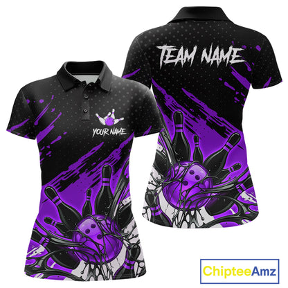 Custom Purple Bowling Jerseys For Women, Personalized Bowling Team Shirts Bowling Pin And Ball HNT283