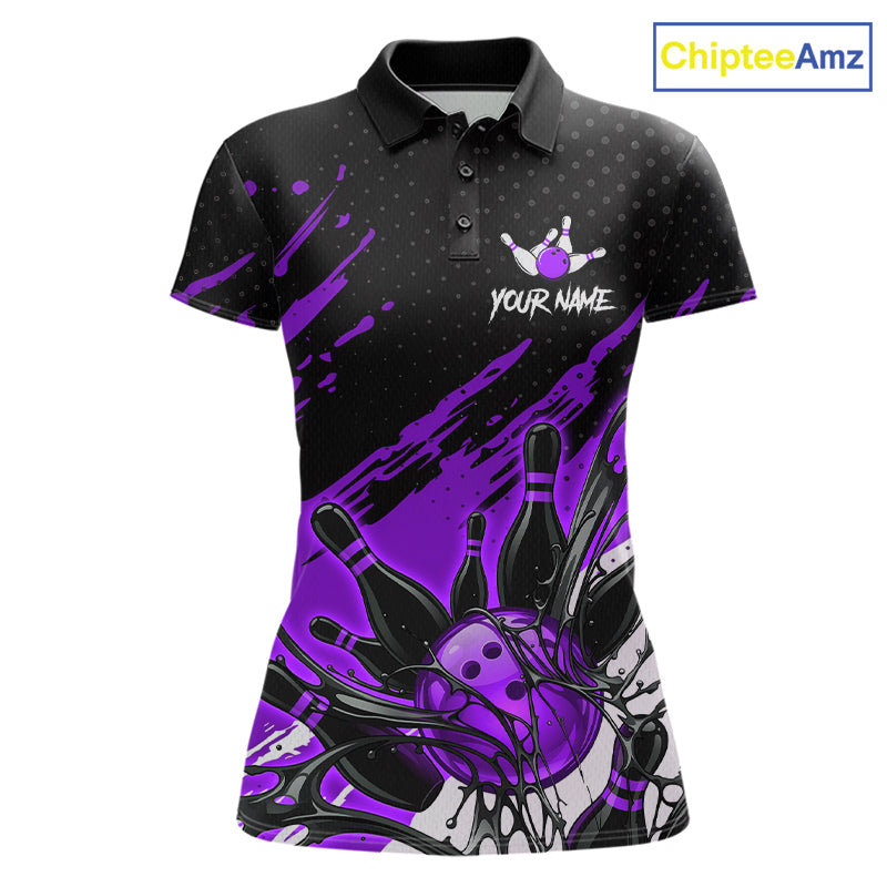 Custom Purple Bowling Jerseys For Women, Personalized Bowling Team Shirts Bowling Pin And Ball HNT283
