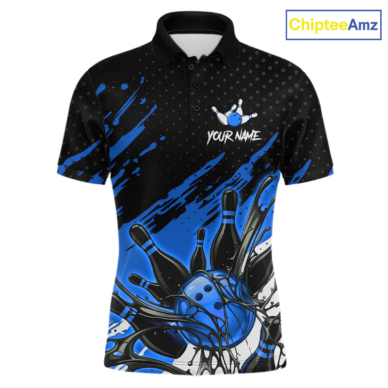 Custom Blue Bowling Jerseys For Men, Personalized Bowling Team Shirts Bowling Pin And Ball HNT283