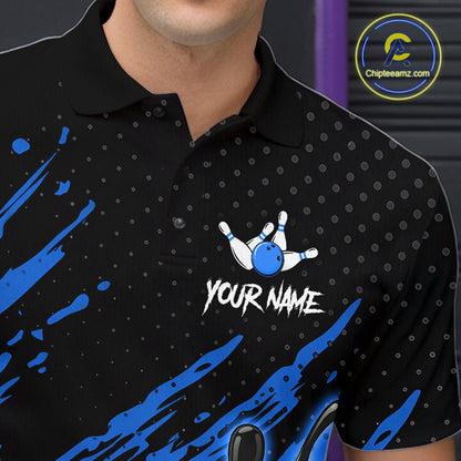 Custom Blue Bowling Jerseys For Men, Personalized Bowling Team Shirts Bowling Pin And Ball HNT283