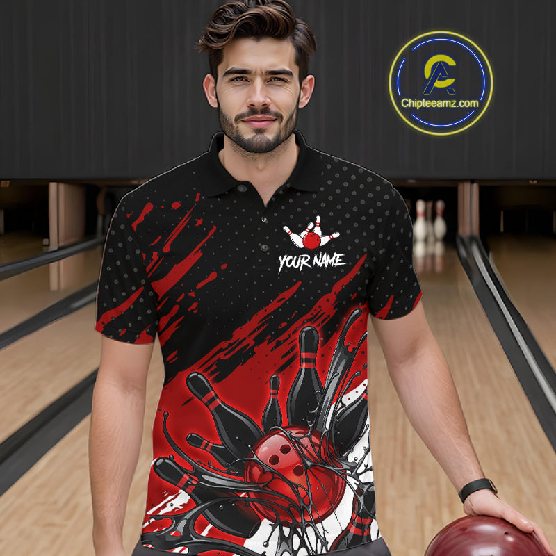 Custom Red Bowling Jerseys For Men, Personalized Bowling Team Shirts Bowling Pin And Ball HNT283