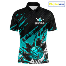 Load image into Gallery viewer, Custom Turquoise Bowling Jerseys For Men, Personalized Bowling Team Shirts Bowling Pin And Ball HNT283