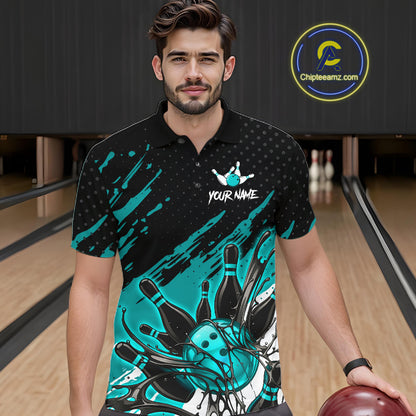 Custom Turquoise Bowling Jerseys For Men, Personalized Bowling Team Shirts Bowling Pin And Ball HNT283