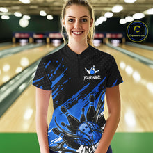 Load image into Gallery viewer, Custom Blue Bowling Jerseys For Women, Personalized Bowling Team Shirts Bowling Pin And Ball HNT283