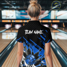 Load image into Gallery viewer, Custom Blue Bowling Jerseys For Women, Personalized Bowling Team Shirts Bowling Pin And Ball HNT283