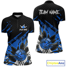 Load image into Gallery viewer, Custom Blue Bowling Jerseys For Women, Personalized Bowling Team Shirts Bowling Pin And Ball HNT283