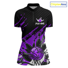 Load image into Gallery viewer, Custom Purple Bowling Jerseys For Women, Personalized Bowling Team Shirts Bowling Pin And Ball HNT283