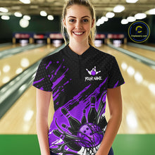 Load image into Gallery viewer, Custom Purple Bowling Jerseys For Women, Personalized Bowling Team Shirts Bowling Pin And Ball HNT283