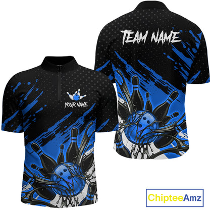 Custom Blue Bowling Jerseys For Men, Personalized Bowling Team Shirts Bowling Pin And Ball HNT283