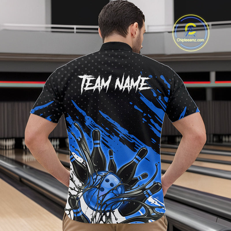 Custom Blue Bowling Jerseys For Men, Personalized Bowling Team Shirts Bowling Pin And Ball HNT283