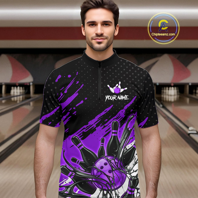 Custom Purple Bowling Jerseys For Men, Personalized Bowling Team Shirts Bowling Pin And Ball HNT283