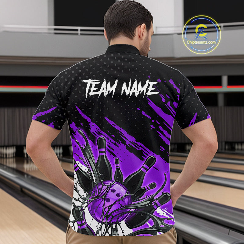 Custom Purple Bowling Jerseys For Men, Personalized Bowling Team Shirts Bowling Pin And Ball HNT283