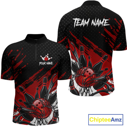 Custom Red Bowling Jerseys For Men, Personalized Bowling Team Shirts Bowling Pin And Ball HNT283