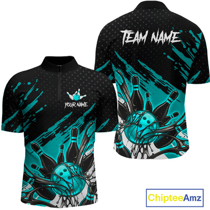Custom Turquoise Bowling Jerseys For Men, Personalized Bowling Team Shirts Bowling Pin And Ball HNT283