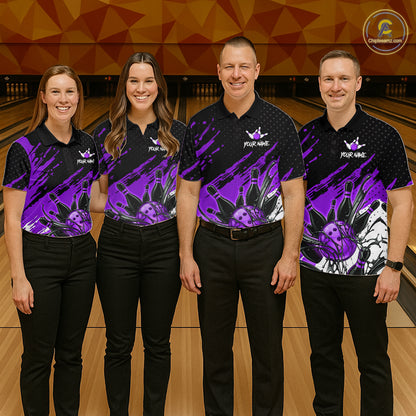 Custom Purple Bowling Jerseys For Women, Personalized Bowling Team Shirts Bowling Pin And Ball HNT283