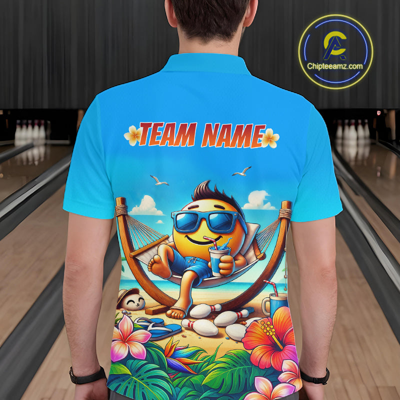 Man wearing a summer shirt with a colorful design and 'TEAM NAME' text in a bowling alley.