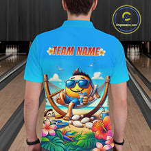 Load image into Gallery viewer, Man wearing a summer shirt with a colorful design and 'TEAM NAME' text in a bowling alley.