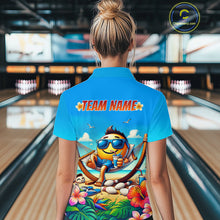 Load image into Gallery viewer, Women wearing a summer shirt with a colorful design and 'TEAM NAME' text in a bowling alley.