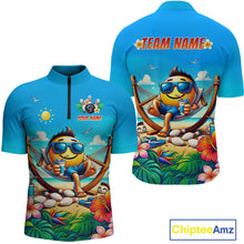 Load image into Gallery viewer, Colorful men quarter zip with a summer character and 'Team Name' text on a white background