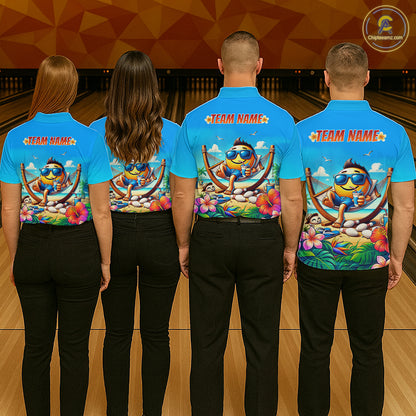 Four people wearing summer team shirts with a colorful design on a bowling alley.