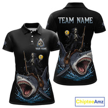 Load image into Gallery viewer, Black polo shirt with skeleton and shark design, customizable text on a white background