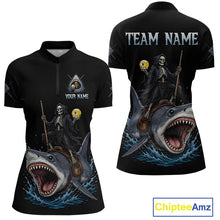 Load image into Gallery viewer, Black polo shirt with skeleton riding a shark design on front and back, customizable text.