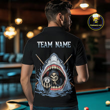 Load image into Gallery viewer, Person wearing a black t-shirt with a shark and skull design and 'TEAM NAME' text, in an indoor setting.