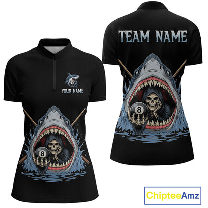 Black polo shirt with shark and skull design on front and back, customizable text.