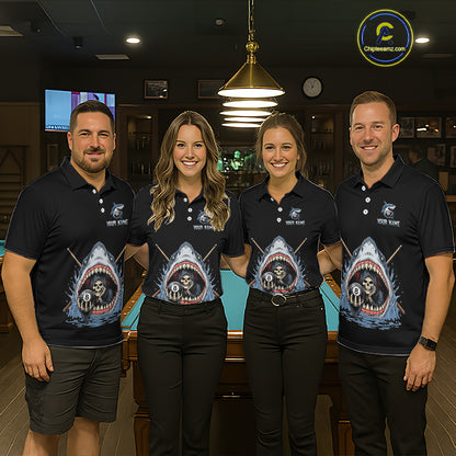 Four people wearing matching black polo shirts with a shark graphic design in a bar setting.